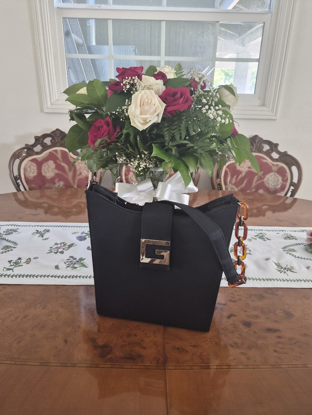 Black Shoulder Bag with Amber Chain Detail
